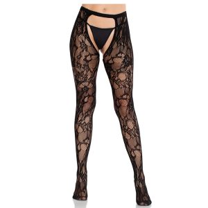 LEG AVENUE - ROSE LACE STOCKINGS WITH OPEN BACK BLACK